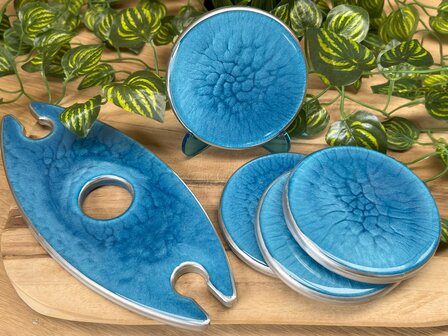 Set Round coasters 4st. + holder Blue silver
