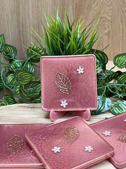 Set square coasters 4st. Old Pink Leaf &amp; Flower