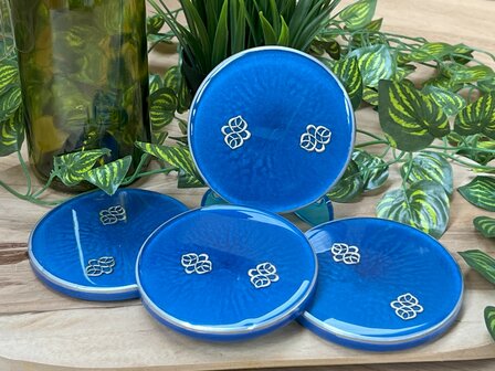 Set Round coasters 4 st. + holder blue Silver
