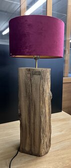 Tafellamp van rustieke eiken balk - Fluwelen kap Bordeau