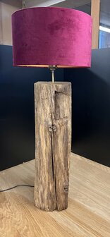 Tafellamp van rustieke eiken balk - Fluwelen kap Bordeau
