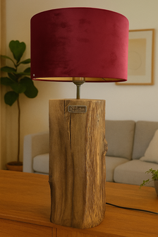 Tafellamp van rustieke eiken balk - Fluwelen kap Bordeau