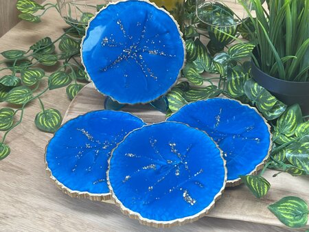 Set Agaat coasters 4 st. + holder blue sparkle