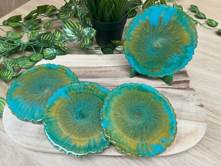 Set Agaat coasters 4 st. Abstract green Gold Swirl