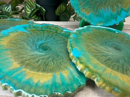 Set Agaat coasters 4 st. Abstract green Gold Swirl