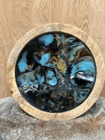 Decoratieve houten schaal Abstract Blue & Gold