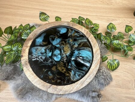 Decoratieve houten schaal Abstract Blue & Gold