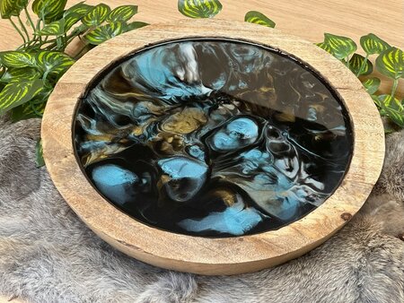Decoratieve houten schaal Abstract Blue & Gold