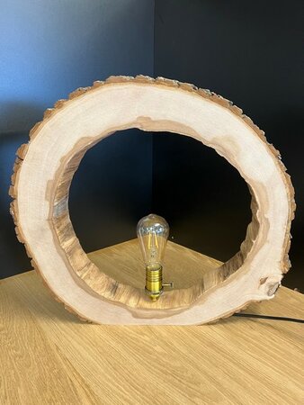 Tafellamp in uitgeholde Iep boomschijf met natuurlijk messing lamphouder