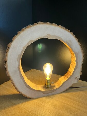 Tafellamp in uitgeholde Iep boomschijf met natuurlijk messing lamphouder