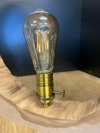 Tafellamp in uitgeholde Iep boomschijf met natuurlijk messing lamphouder