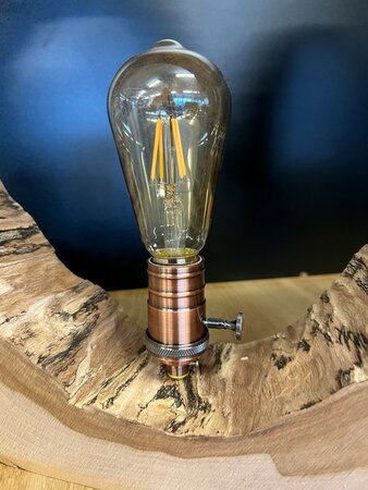 Tafellamp in uitgeholde Iep boomschijf met rosee messing lamphouder 