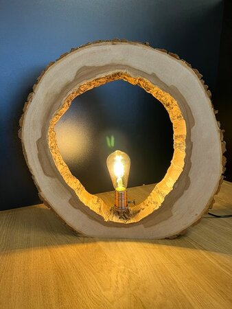 Tafellamp in uitgeholde Iep boomschijf met rosee messing lamphouder 