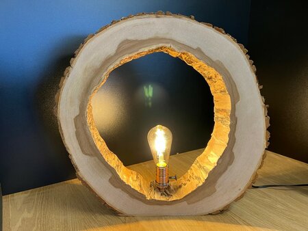 Tafellamp in uitgeholde Iep boomschijf met rosee messing lamphouder 