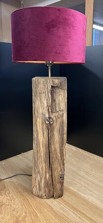 Tafellamp van rustieke eiken balk - Fluwelen kap Bordeau