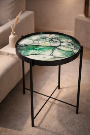 Bijzettafel in staal met epoxy met afneembaar blad zwart