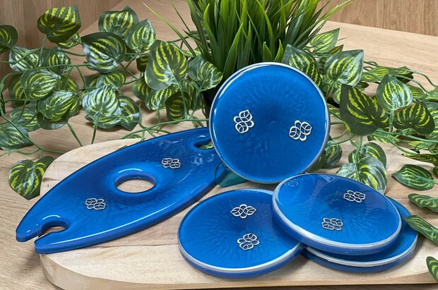Set Round coasters 4 st. + holder blue Silver