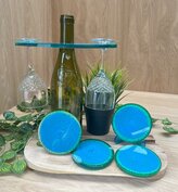 Set Round coasters 4st. + holder Dragonscale blue-green