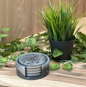 Set Round coasters 4st.  + Box holder metallic black & silver